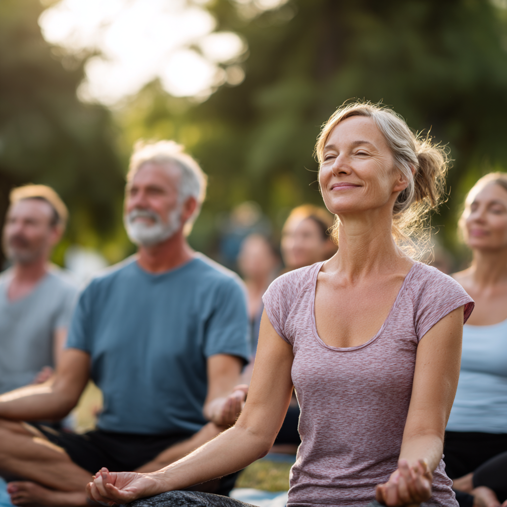 Smiling woman in her 30s practicing morning yoga on a sunny terrace with golden sunlight, realistic photography style