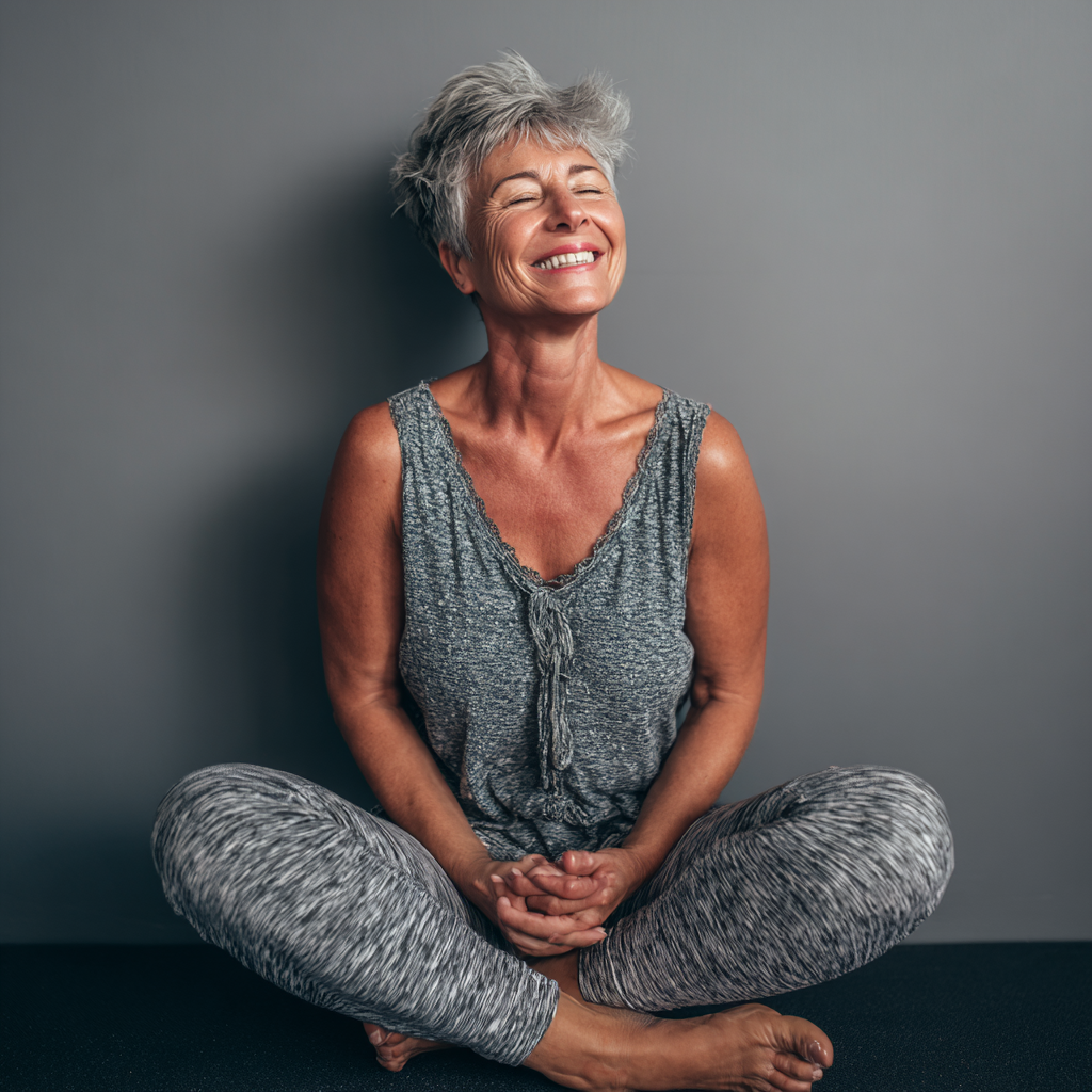 Middle-aged European man with a peaceful smile doing breathing exercises outdoors in morning light, realistic photography style