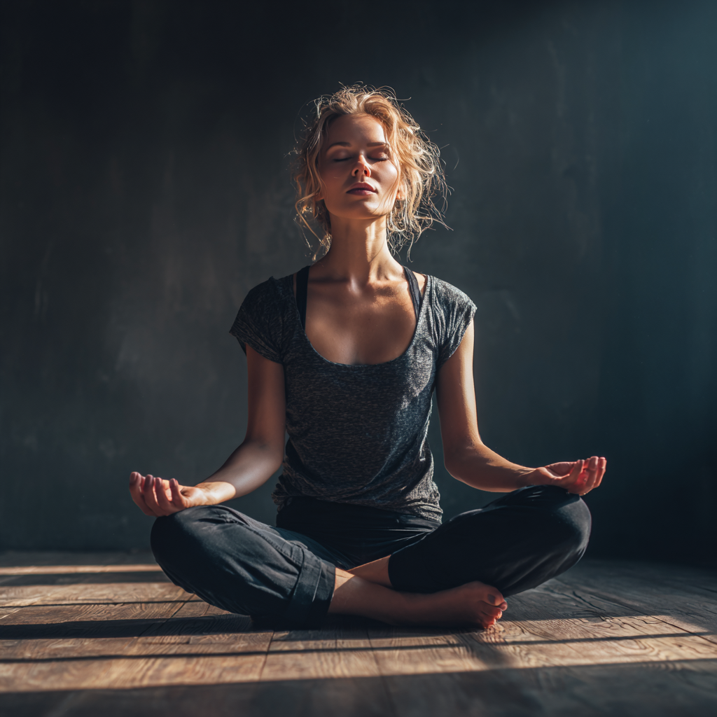 Group of diverse European people in their 20s-40s with bright smiles practicing yoga together in a modern studio with natural lighting, realistic photography style