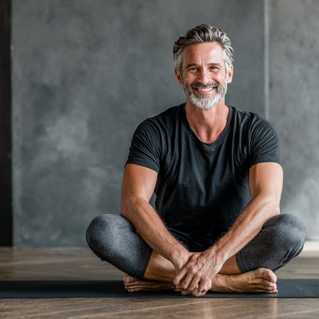 Happy European woman in her 40s with a radiant smile holding yoga mat outdoors in golden hour lighting, realistic photography style
